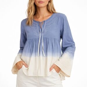 Hazel ($68) Boutique Ombre Boho Blouse Blue White Embroidered Flare Sleeve